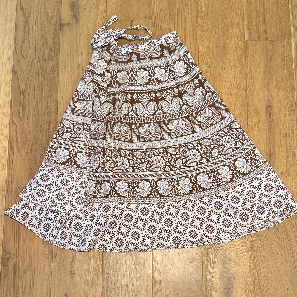 Brown and White Patterned Boho Wrap skirt- 100% cotton, made in India
